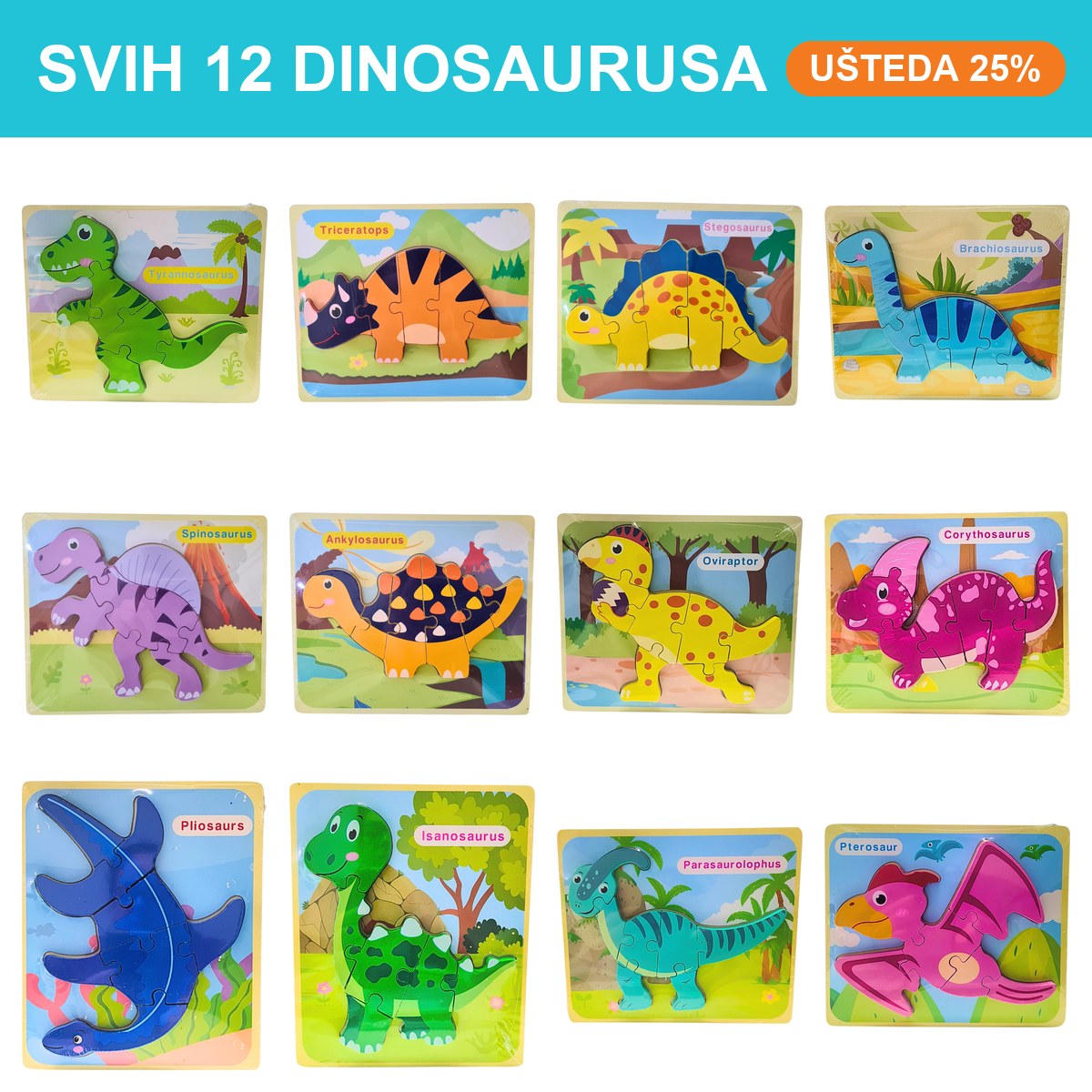 Kompletna dino kolekcija – 12 drvenih slagalica