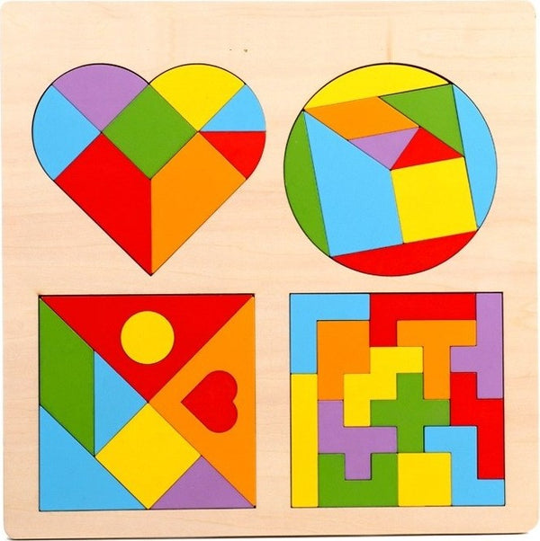 Drveni tangram 4 u 1 – logička slagalica srce, krug, kvadrat i tetris